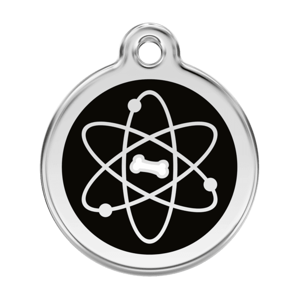 Vue avant - Médaille personnalisable pour chien - Red Dingo Émail et acier inoxydable - Motif Atome - Noir - Taille L