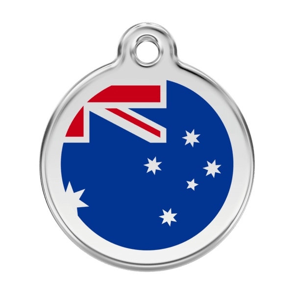 Vue avant - Médaille personnalisée pour chien Red Dingo Émail et acier inoxydable Drapeau australien Bleu foncé - Taille L