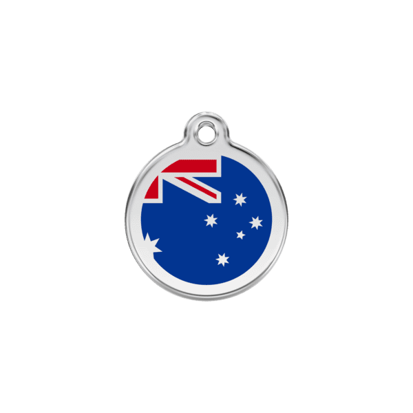 Vue avant - Médaille personnalisée pour chien ou chat - Red Dingo - Drapeau australien - Bleu foncé - Taille S