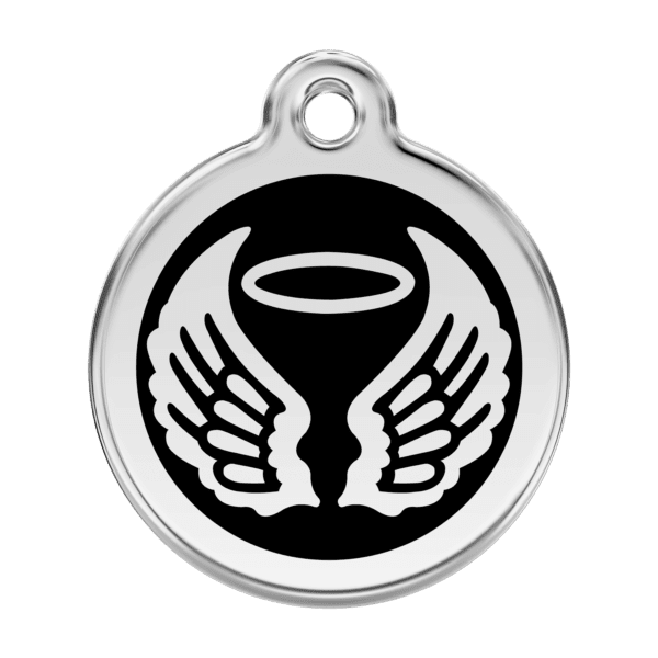 Vue avant - Médaille personnalisable pour chien Red Dingo Émail et acier inoxydable - Ailes d'anges - Noir - Taille L