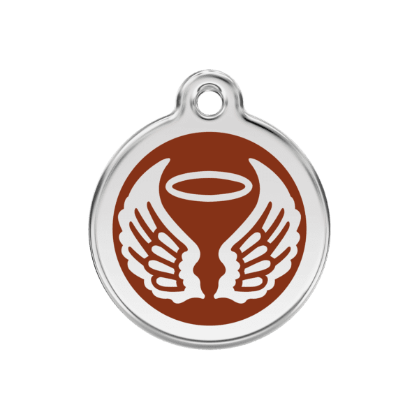 Vue avant - Médaille personnalisée pour chien Red Dingo Émail et acier inoxydable - Ailes d'anges - Brun - Taille M