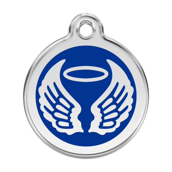 Vue avant - Médaille personnalisable pour chien Red Dingo Émail et acier inoxydable - Ailes d'anges - Bleu foncé - Taille L