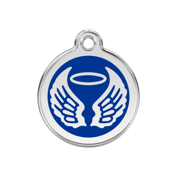 Vue avant - Médaille personnalisée pour chien ou chat Red Dingo Émail et acier inoxydable - Ailes d'anges - Bleu foncé - Taille M