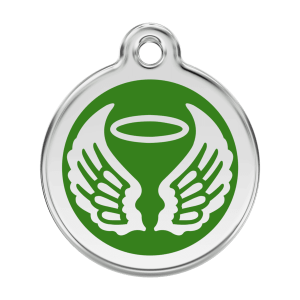 Vue avant - Médaille personnalisée pour chien Red Dingo Émail et acier inoxydable - Ailes d'anges - Vert - Taille L