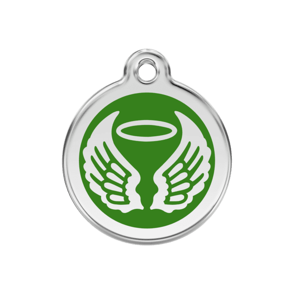 Vue avant - Médaille personnalisée pour chien ou chat - Red Dingo Émail et acier inoxydable - Ailes d'anges - Vert - Taille M