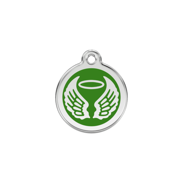 Vue avant - Médaille personnalisable pour chien/chat Red Dingo Émail/Acier inoxydable - Ailes d'anges Vert - Taille S