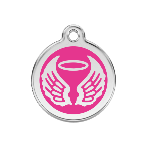 Vue avant - Médaille personnalisable pour chien Red Dingo Émail et acier inoxydable - Ailes d'anges - Rose vif - Taille M