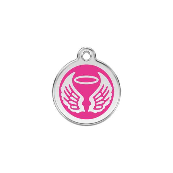 Vue avant - Médaille personnalisée pour chien/chat Red Dingo Émail/Acier inoxydable Ailes d'anges Rose vif 20.00mm