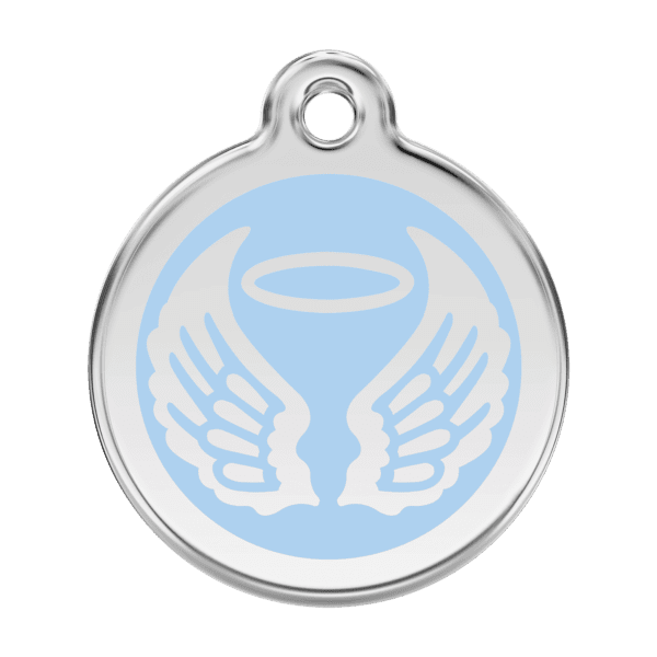 Vue avant - Médaille personnalisée pour chien Red Dingo Émail et acier inoxydable - Ailes d'anges - Bleu clair - Taille L