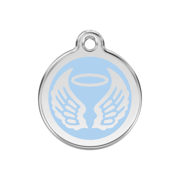 Vue avant - Médaille personnalisée pour chien Red Dingo Émail et acier inoxydable - Ailes d'anges - Bleu clair - Taille M