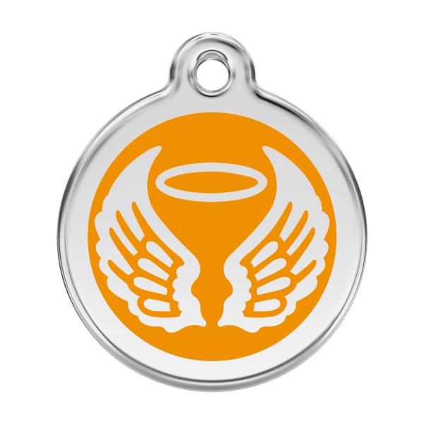 Vue avant - Médaille personnalisable pour chien Red Dingo Émail et acier inoxydable - Ailes d'anges - Orange - Taille L