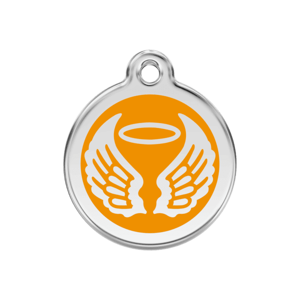 Vue avant - Médaille personnalisée pour chien Red Dingo Émail et acier inoxydable - Ailes d'anges - Orange - Taille M