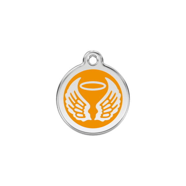 Vue avant - Médaille personnalisée pour chat en émail et acier inoxydable Red Dingo - Ailes d'anges - Orange - Taille S