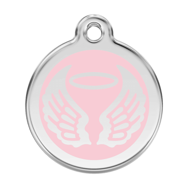 Vue avant - Médaille personnalisée pour chien - Red Dingo Émail et acier inoxydable - Ailes d'anges - Rose - Taille L