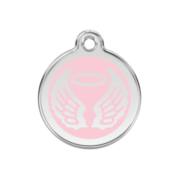 Vue avant - Médaille personnalisée pour chien Red Dingo Émail et acier inoxydable - Ailes d'anges - Rose - Taille M