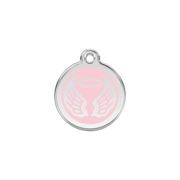 Vue avant - Médaille personnalisable pour chien/chat Red Dingo Émail et acier inoxydable - Ailes d'anges - Rose - Taille S