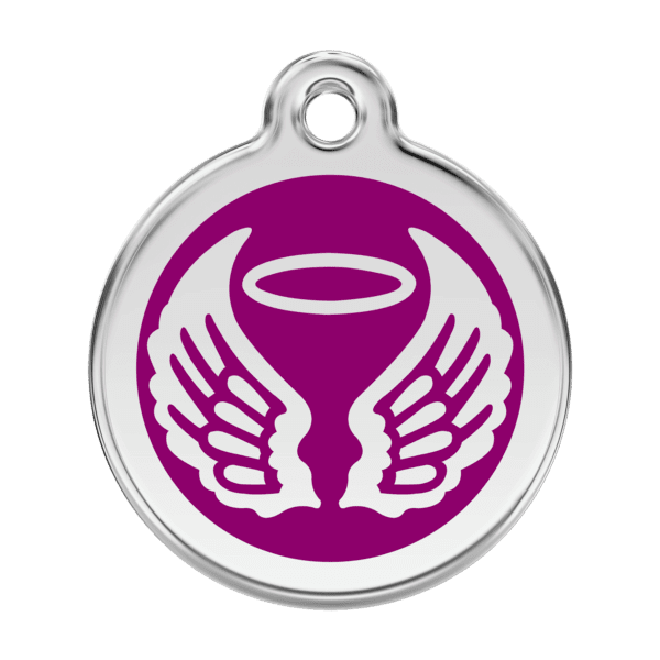 Vue avant - Médaille personnalisée pour chien ou chat - Red Dingo Émail et acier inoxydable - Ailes d'anges violet - Taille L