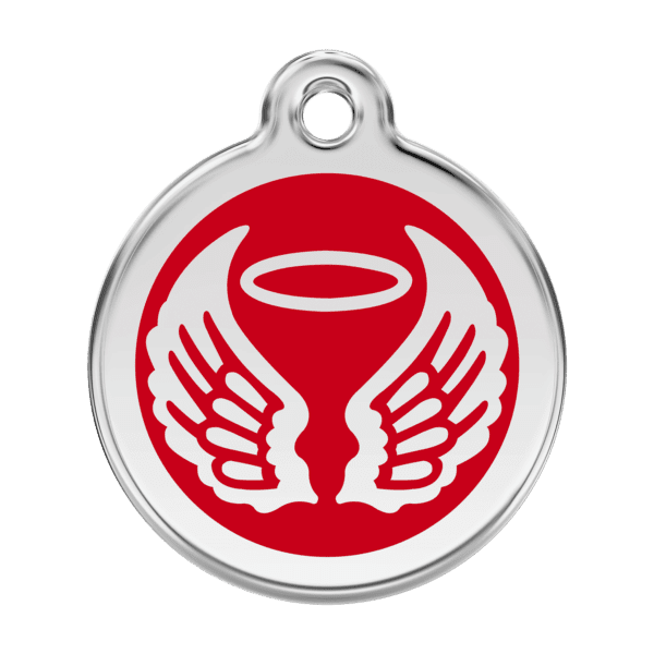 Vue avant - Médaille personnalisée pour chien Red Dingo Émail et acier inoxydable - Ailes d'anges - Rouge - Taille L