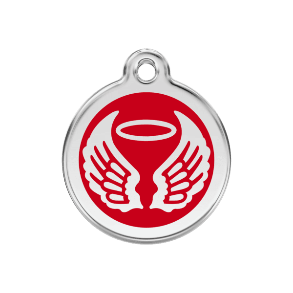 Vue avant - Médaille personnalisée pour chien Red Dingo Émail et acier inoxydable - Ailes d'anges - Rouge - Taille M