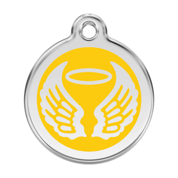 Vue avant - Médaille personnalisable pour chien Red Dingo Émail et acier inoxydable - Ailes d'anges jaunes - Taille L