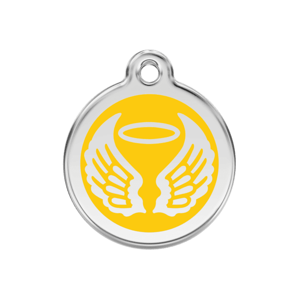 Vue avant - Médaille personnalisée pour chien Red Dingo Émail/Acier Jaune 30mm - Ailes d'anges