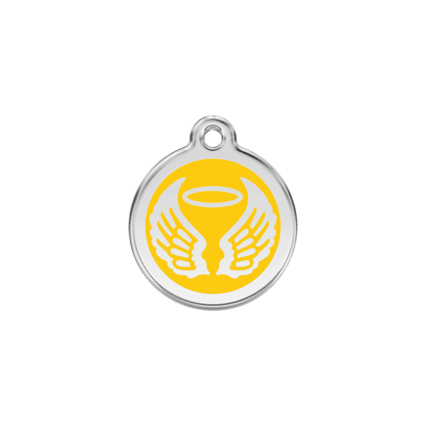 Vue avant - Médaille personnalisée pour chien/chat Red Dingo Émail/Acier inoxydable - Ailes d'anges Jaune - Taille S