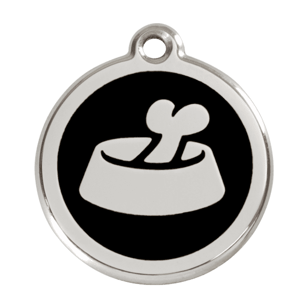 Vue avant - Médaille personnalisée pour chien en émail et acier inoxydable - Red Dingo - Motif os dans un bol - Noir - Taille L