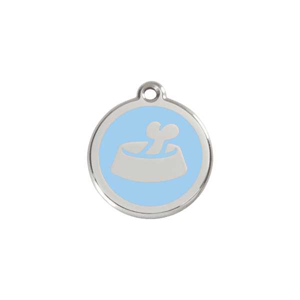 Vue avant - Médaille personnalisable pour chien/chat Red Dingo Émail/Acier inoxydable Os dans un bol Bleu clair - Taille S