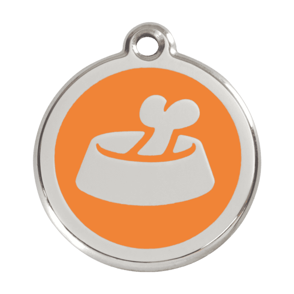 Vue avant - Médaille personnalisée pour chien Red Dingo Émail et acier inoxydable - Motif Os dans un bol - Orange - Taille L