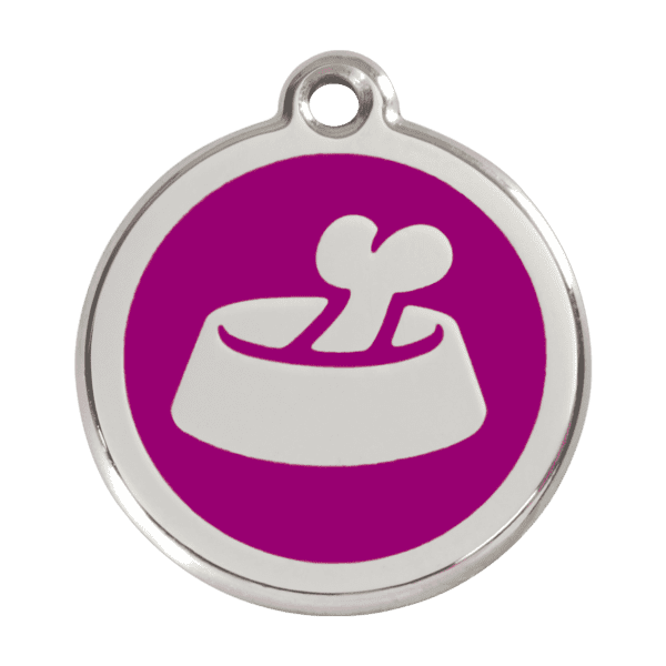 Vue avant - Médaille personnalisable pour chien en acier inoxydable - Os dans un bol violet - Red Dingo