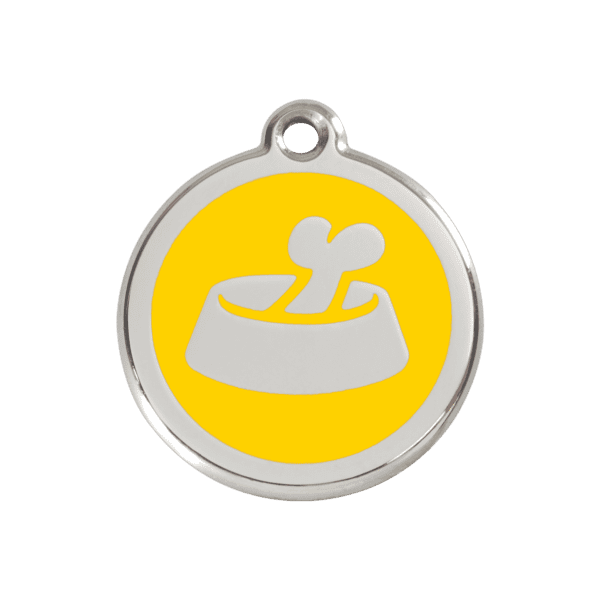 Vue avant - Médaille personnalisable pour chien Red Dingo Émail/Acier Jaune Os 30mm - Réf : 01-BB-YE-ME