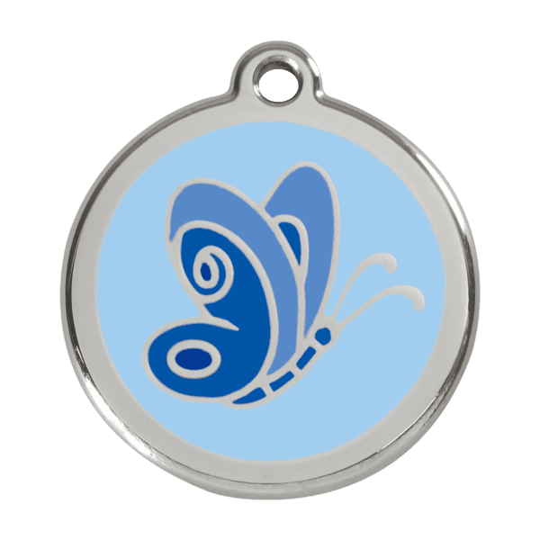 Vue avant - Médaille personnalisée pour chien Red Dingo Émail et acier inoxydable - Motif papillon - Bleu clair - Taille L