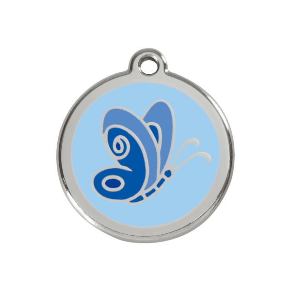 Vue avant - Médaille personnalisée pour chien/chat Red Dingo Émail et acier inoxydable Papillon Bleu clair 30.00mm