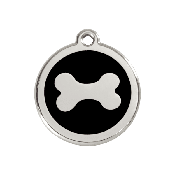 Vue avant - Médaille personnalisée pour chien Red Dingo Émail et acier inoxydable Os Noir M 30.00 - Gravure incluse