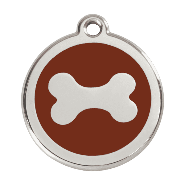 Vue avant - Médaille personnalisée pour chien Red Dingo en émail et acier inoxydable - Os brun - Taille L