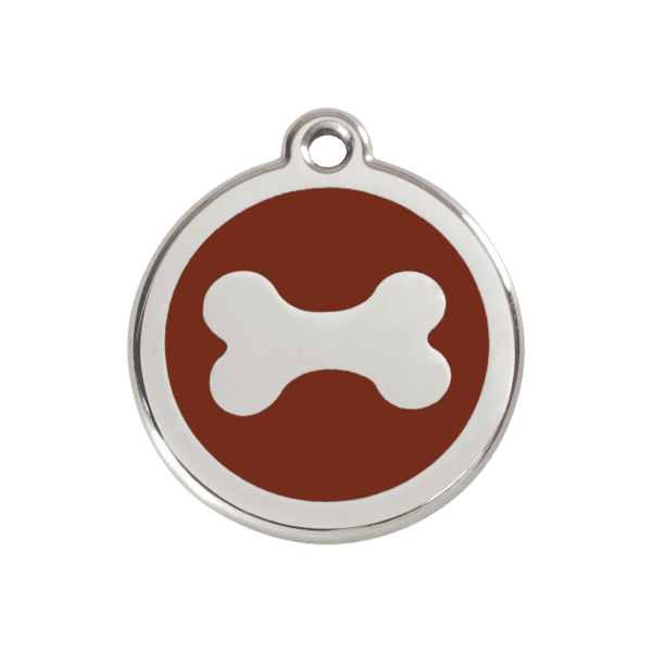 Vue avant - Médaille personnalisable pour chien Red Dingo en émail et acier inoxydable - Motif os brun - Taille M