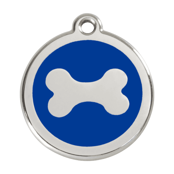 Vue avant - Médaille personnalisée en émail et acier inoxydable pour chien - Os bleu foncé - Red Dingo