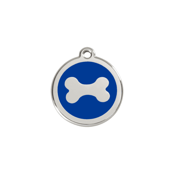 Vue avant - "Médaille personnalisée pour chien/chat Red Dingo en émail et acier inoxydable - Os bleu foncé - Taille S"