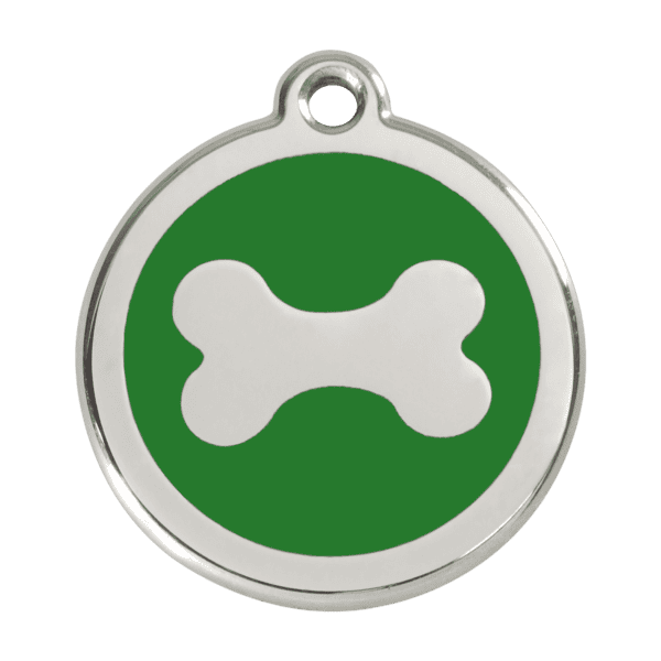 Vue avant - Médaille personnalisable pour chien en acier inoxydable - Os vert - Red Dingo - Taille L