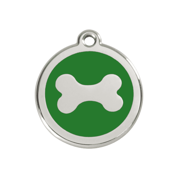 Vue avant - Médaille personnalisée pour chien Red Dingo en émail et acier inoxydable - Motif os vert - Taille M