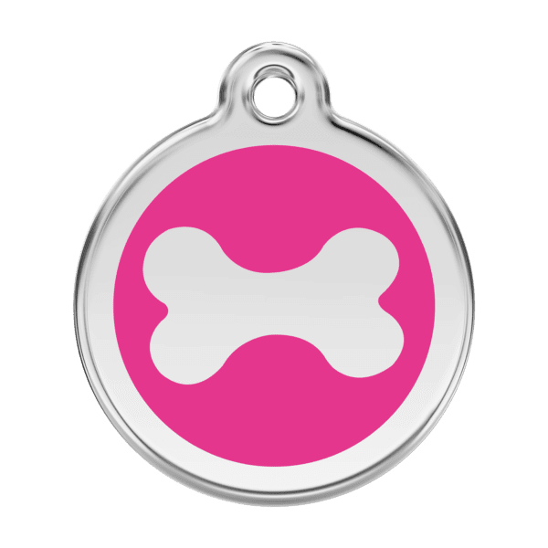 Vue avant - Médaille personnalisée pour chien Red Dingo Émail et acier inoxydable Os Rose vif - Taille L