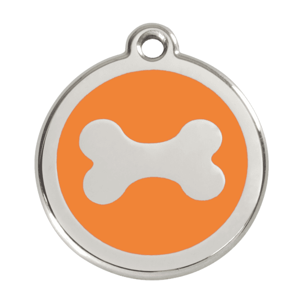 Vue avant - Médaille personnalisée pour chien Red Dingo en émail et acier inoxydable - Os orange - Taille L