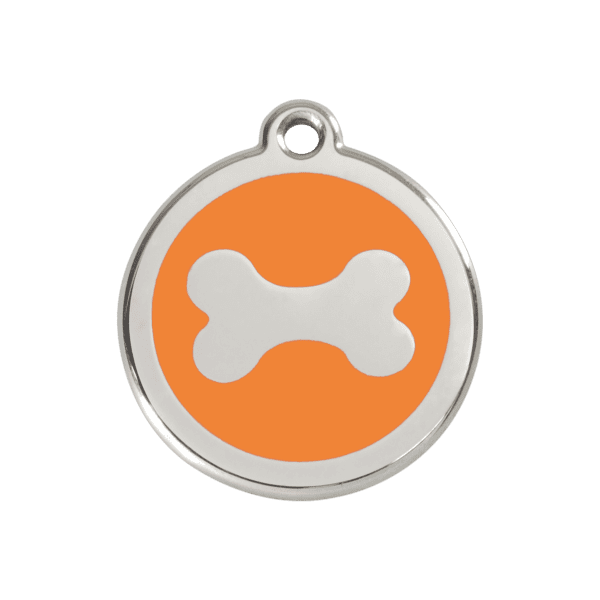 Vue avant - Médaille personnalisée pour chien en émail et acier inoxydable - Os orange - Red Dingo