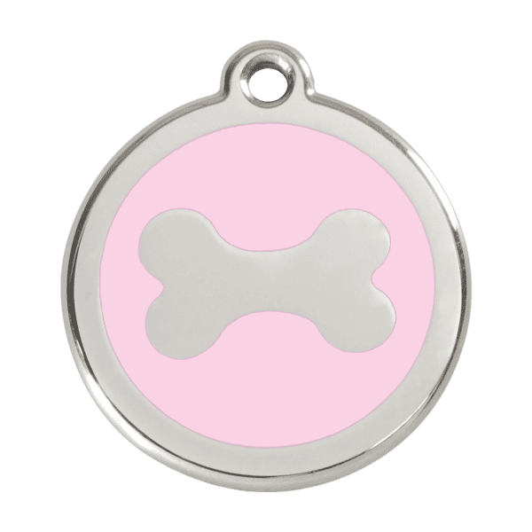 Vue avant - Médaille personnalisée pour chien Red Dingo, motif os rose en émail et acier inoxydable - Taille L