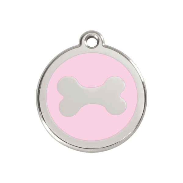 Vue avant - Médaille personnalisée pour chien Red Dingo Émail et acier inoxydable Os Rose M