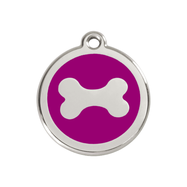 Vue avant - Médaille personnalisée pour chien en acier inoxydable violet motif os - Red Dingo