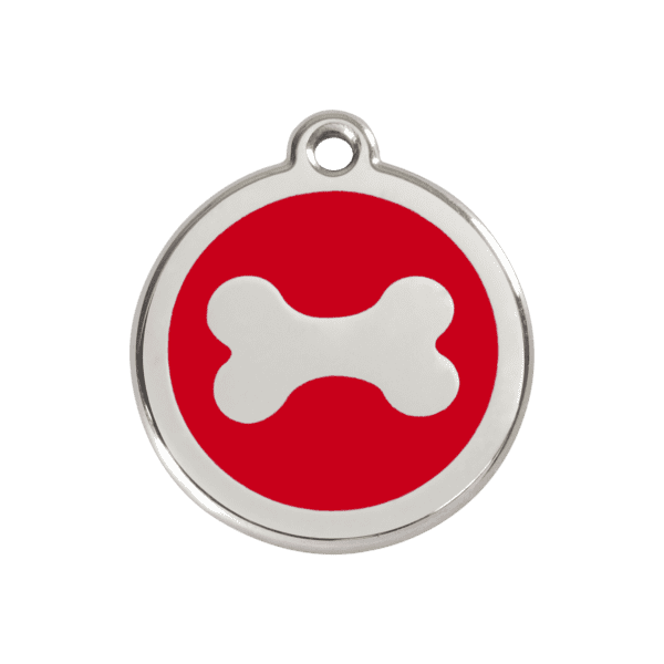 Vue avant - Médaille personnalisée pour chien Red Dingo Émail et acier inoxydable - Os rouge - Taille M 30.00mm