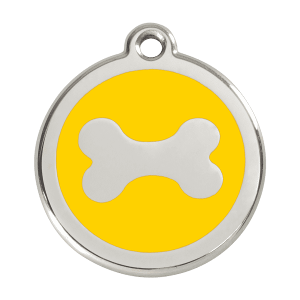 Vue avant - Médaille personnalisée pour chien en acier inoxydable jaune Red Dingo - Taille L - Os - 01-BN-YE-LG