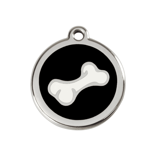 Vue avant - Médaille personnalisée pour chien Red Dingo Émail et acier inoxydable - Os noir - Taille M