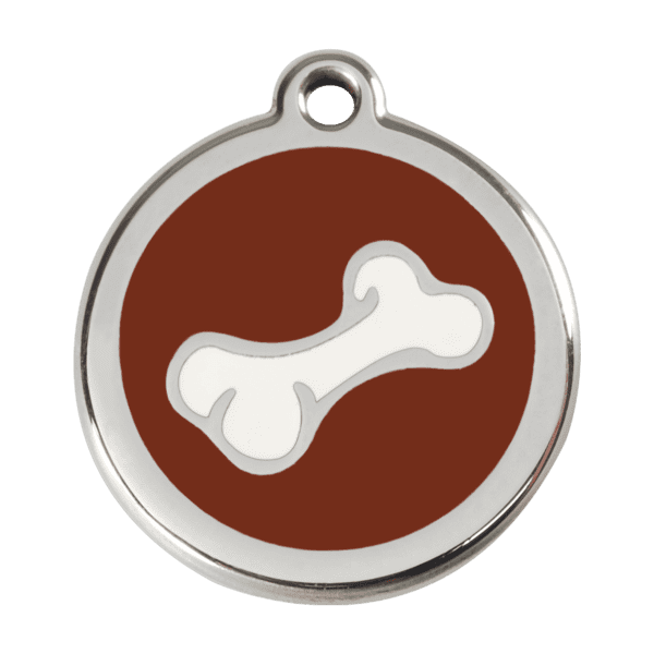 Vue avant - Médaille personnalisée en émail et acier inoxydable pour chien Red Dingo - Os brun - Taille L